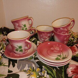 '50s SYRACUSE Restaurant Ware 6-Cups 4-Saucers Shadow Spokane Rose Railroad